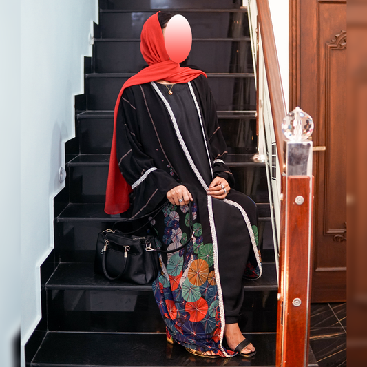 Black Printed Kimono Abaya