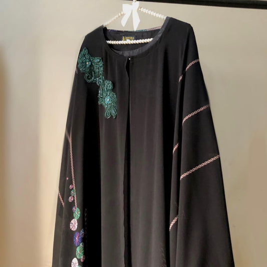 Black silk with chiffon motive Abaya