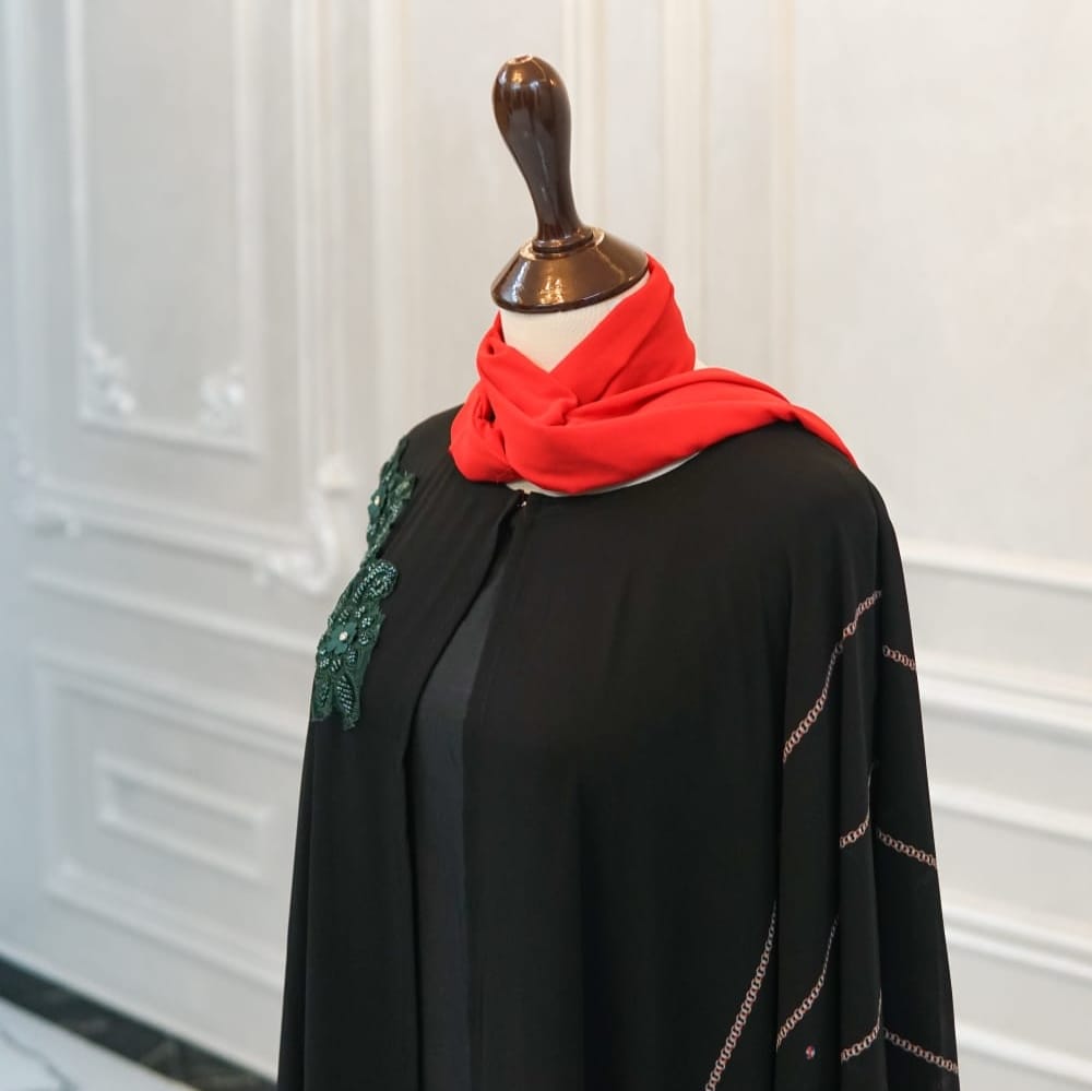 Black silk with chiffon motive Abaya